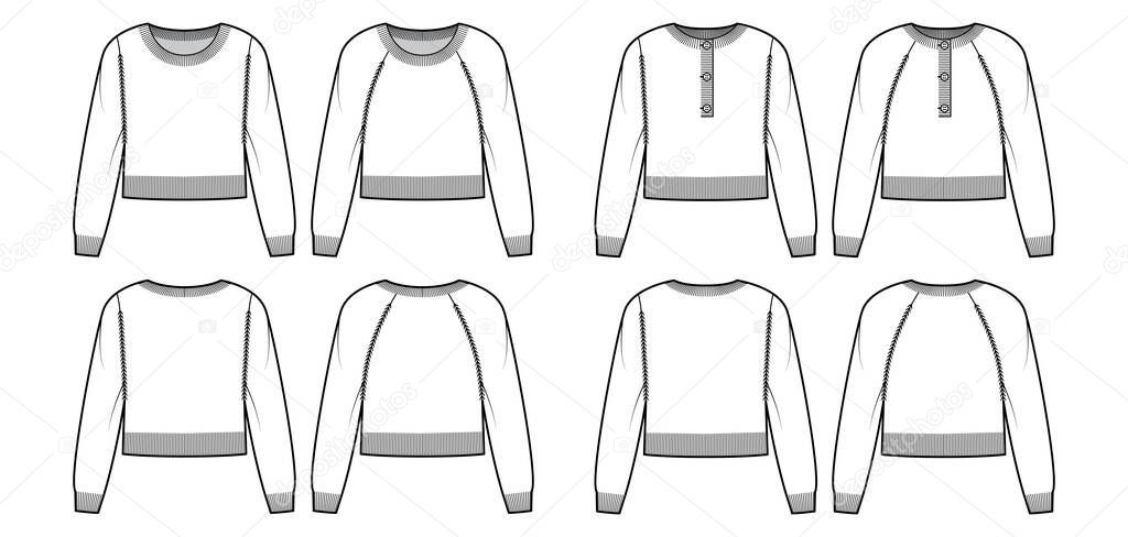 Set of cropped Round henley neck Sweaters technical fashion illustration with raglan sleeves, waist length, knit trim