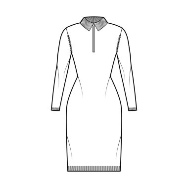 Fermuarlı süveter teknik moda çizimi Henley boyun, klasik yaka, uzun kollu, uyumlu, kalça uzunluğu