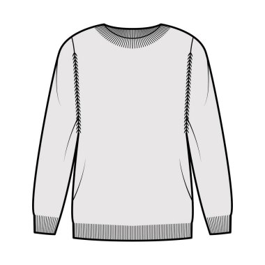 Kaburga mürettebatı boyunlu, uzun kollu, büyük bedenli, uyluk uzunluğunda, örülü kol kesimi olan süveter teknik tasviri. Düz