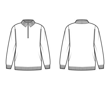 Fermuarlı süveter teknik tasviri kaburga henley boyun, klasik yaka, uzun kollu, büyük beden, kalça uzunluğu