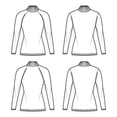 Balıkçı yaka süveter seti uzun paçavra kollu, vücuduna uyumlu, kalça hizasında, örgü örgülü, teknik moda çizimi.