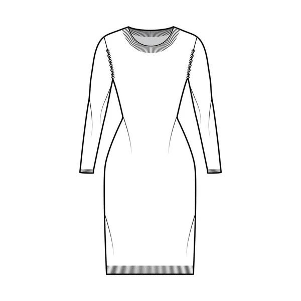 드레스 라운드 목 스웨터 기술적 인 패션 의예, 긴소매, 몸, 무릎까지 의 길 이, 늑골짜기 — 스톡 벡터