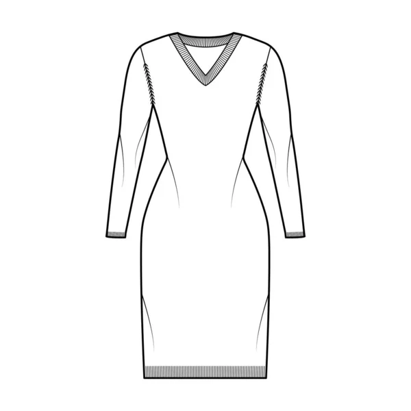 Vestido con cuello en V Jersey ilustración técnica de moda con mangas largas, ajuste delgado, longitud de rodilla, adorno de costilla de punto Jersey plano — Vector de stock