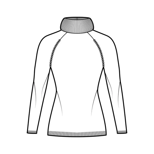 Maglione collo alto esagerato illustrazione tecnica di moda con maniche lunghe raglan, vestibilità slim, lunghezza del fianco, assetto costola — Vettoriale Stock