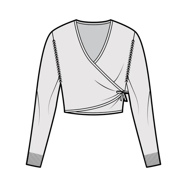 Cardigan de ballet ilustración técnica de moda con cuello en V, mangas largas, ajuste delgado, longitud de la cosecha, ribete de punto. Plano — Vector de stock