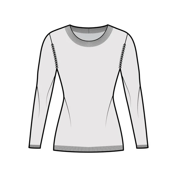 Cuello redondo Jersey técnica moda ilustración con mangas largas, cuerpo ajustado, longitud de la cadera, punto rib ajuste Jersey plano — Vector de stock