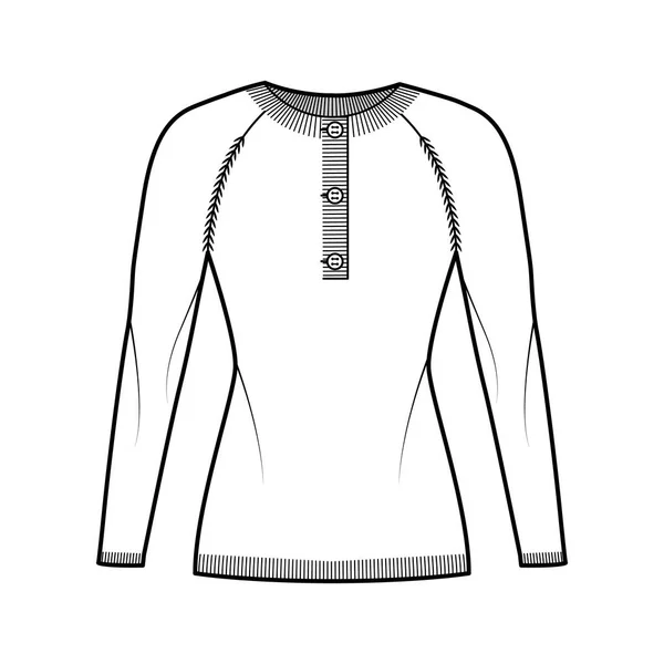 Pullover henley neck technische modeillustration mit langen raglan-ärmeln, schlanke form, hüftlänge, strickbündchen. Flach — Stockvektor
