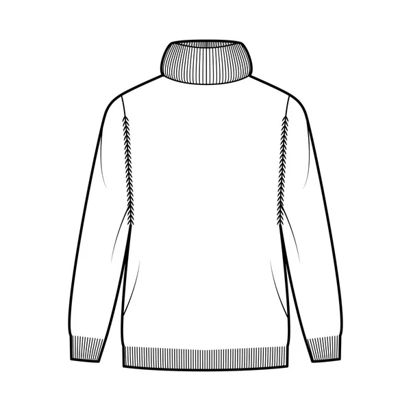 Pullover Übertriebener Rollkragen technische Modeillustration mit langen Ärmeln, Übergröße, Hüftlänge, Strickrippenbesatz. — Stockvektor