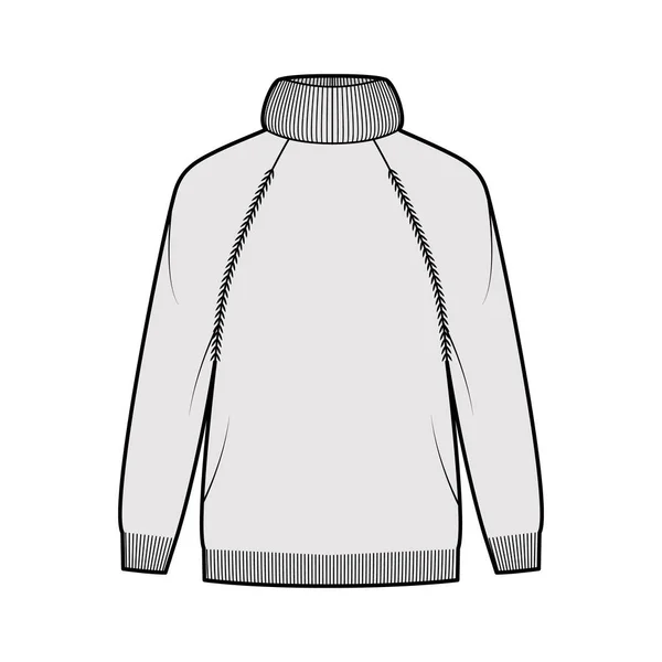 Maglione collo alto esagerato illustrazione tecnica di moda con maniche lunghe raglan, oversize, lunghezza del fianco, assetto costola — Vettoriale Stock
