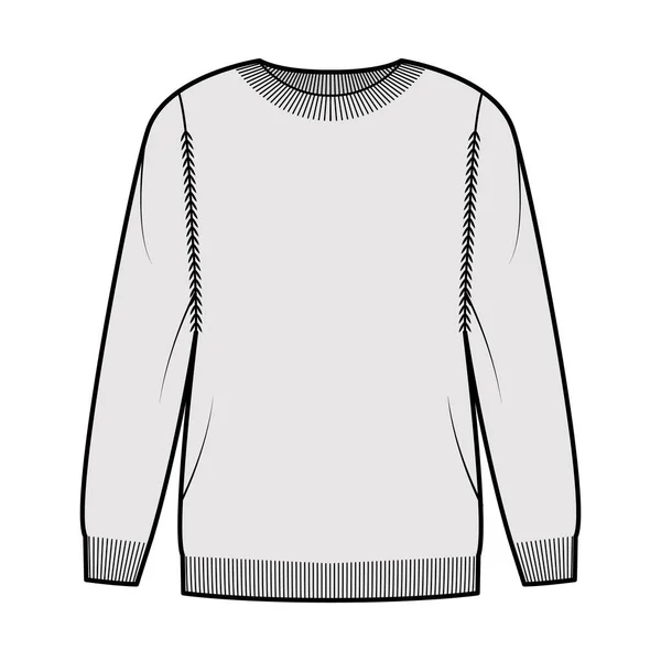Suéter ilustración técnica de moda con cuello redondo costilla, mangas largas, de gran tamaño, longitud del muslo, ajuste del puño de punto. Plano — Archivo Imágenes Vectoriales