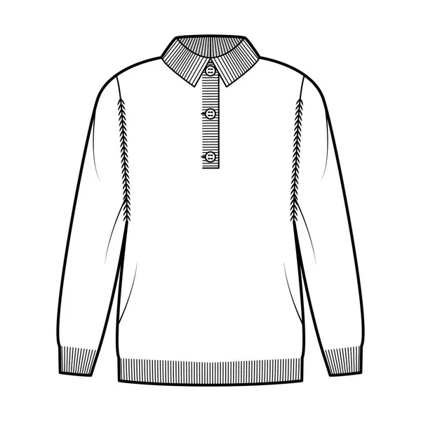 Polo Tröja teknisk mode illustration med ribb henley hals, långa ärmar, oversize, höft längd, stickad resår trim — Stock vektor