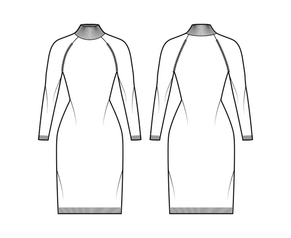 Vestido de cuello alto Suéter ilustración técnica de moda con mangas largas, cuerpo ajustado, longitud de rodilla, adorno de punto. — Archivo Imágenes Vectoriales