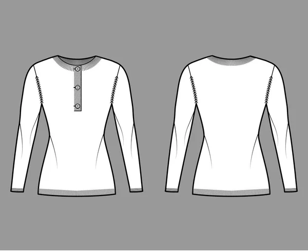 Jersey cuello henley ilustración técnica de moda con mangas largas, ajuste delgado, longitud de la cadera, rib knit trim. Jersey plano — Vector de stock