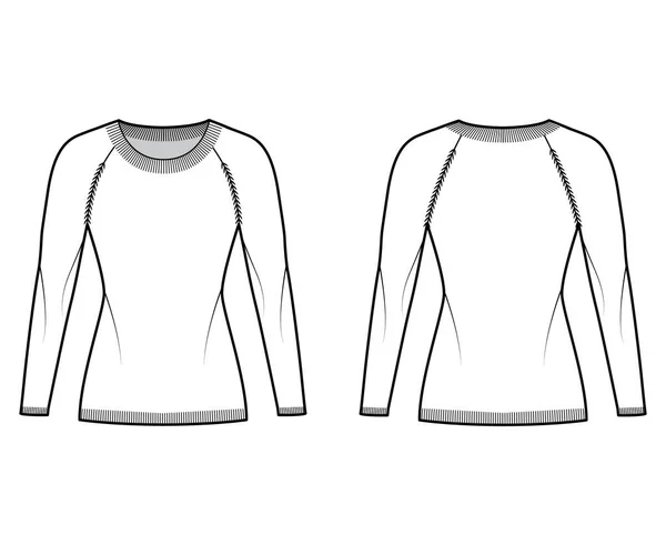 Rund hals tröja teknisk mode illustration med långa raglan ärmar, monterad kropp, höft längd, stickad resår trim — Stock vektor