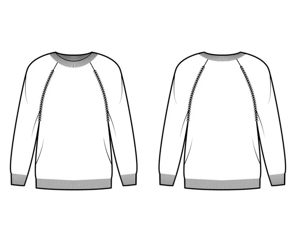 Suéter ilustración técnica de moda con cuello redondo costilla, mangas largas raglán, de gran tamaño, longitud del muslo, ajuste del puño de punto — Vector de stock