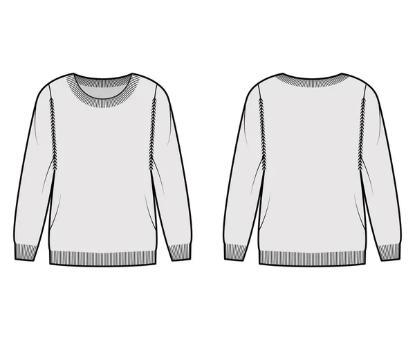 Sweater τεχνική απεικόνιση μόδας με στρογγυλό λαιμό, μακριά μανίκια, Κανονική εφαρμογή, μήκος δακτύλων, ραβδωτά διακοσμητικά — Διανυσματικό Αρχείο
