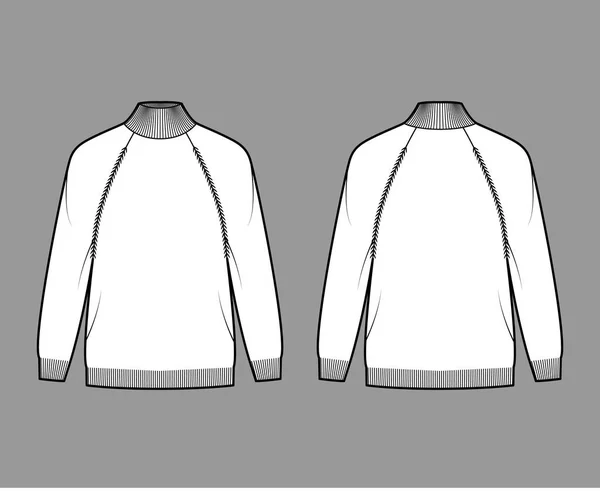 Sudadera cuello alto ilustración técnica de moda con mangas raglán largas, sobredimensionadas, longitud de la punta del dedo, ribete de punto. — Vector de stock