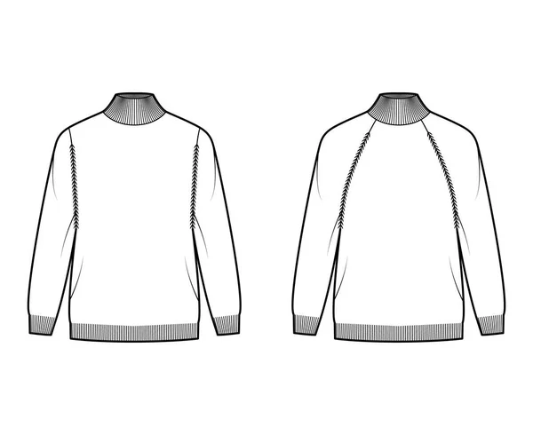 Zestaw swetrów golfowych Ilustracja moda techniczna z długimi rękawami raglan, przerośnięte, długość biodra, wykończenie żeber dzianiny — Wektor stockowy