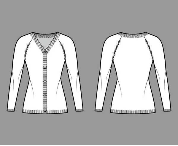 Suéter de cárdigan ilustración técnica de moda con costilla cuello en V, manga larga de raglán, cierre de botón ajuste delgado, ajuste de punto — Vector de stock