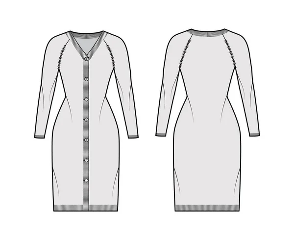 Cardigan платье Свитер техническая мода иллюстрация с V - шея, длинные рукава реглан, закрытие кнопки, тонкая посадка, отделка — стоковый вектор