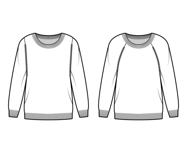 Sada svetrů kulatý krk technické módní ilustrace s dlouhými raglánovými rukávy, nadrozměrné, délka boku, žebra manžety — Stockový vektor