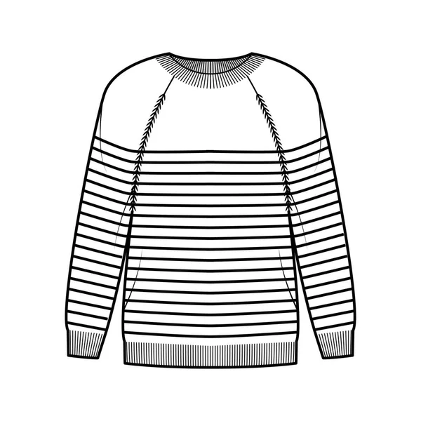 Pull marin Pullover rayé illustration de mode technique avec col rond côtelé, manches raglan longues, surdimensionné, manchette — Image vectorielle