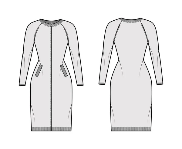 Zip-up jurk vest Trui technische mode illustratie met rib crew hals, raglan mouwen, gemonteerd lichaam, gebreide trim — Stockvector