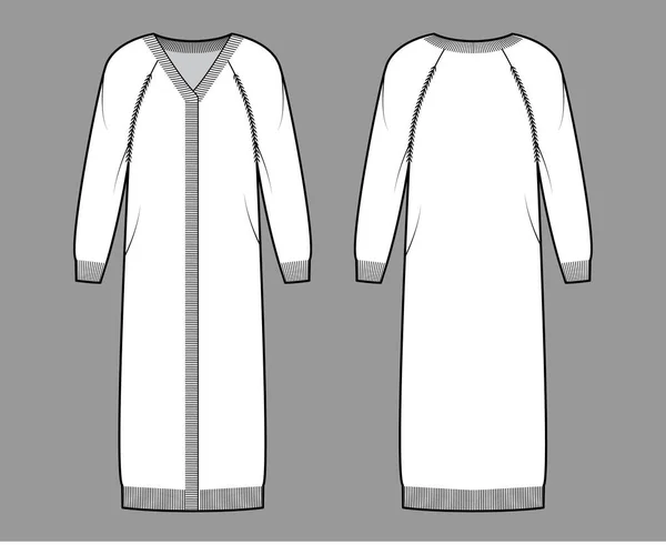 Kardigan Midi ilustracja moda techniczna z żebrem V-neck, długie rękawy raglan, oversize, długość połowy łydki, wykończenie dzianiny — Wektor stockowy