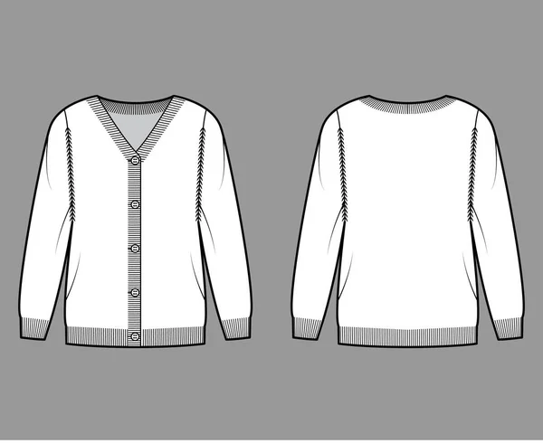 Cardigan camisola técnica moda ilustração com V pescoço, mangas compridas, oversized, comprimento da ponta do dedo, tricô costela guarnição —  Vetores de Stock