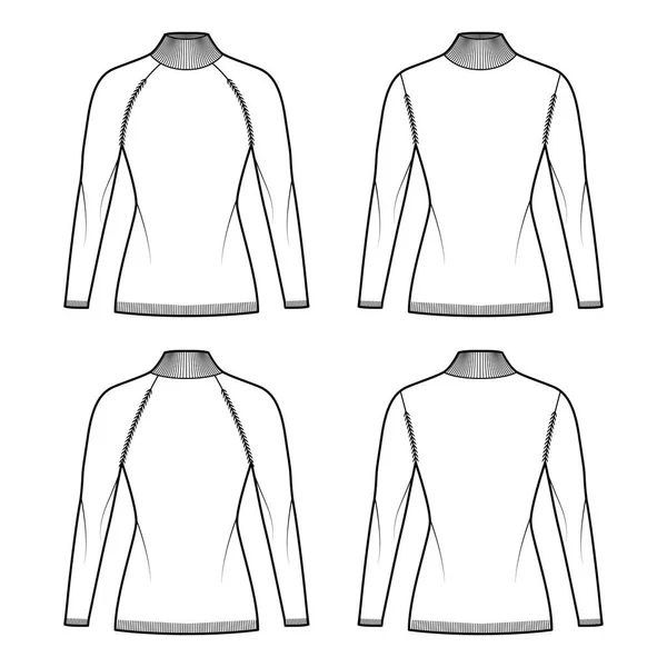 Set di maglioni collo alto illustrazione tecnica di moda con maniche lunghe raglan, corpo aderente, lunghezza dell'anca, assetto maglia — Vettoriale Stock
