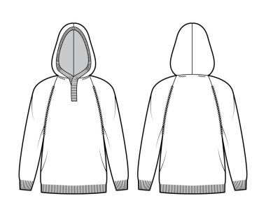 Kapüşonlu süveter teknik tasviri, kaburga henley yakalı, uzun paçavra kollu, büyük bedenli, kalçalı, kaburga kesimli.