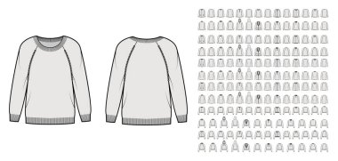 Süveter takımı, hırkalar uzun paçavra kollu, bel, kalça uzunluğu, örgü örgülü teknik moda illüstrasyonu