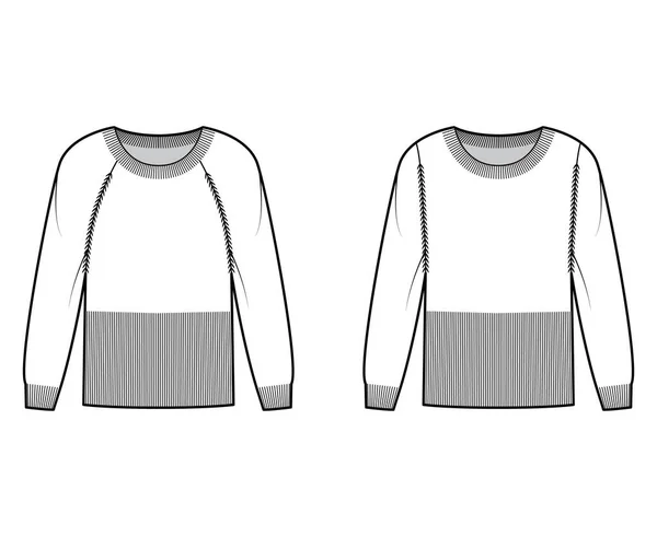 Set taillierte Pullover technische Modeillustration mit Rippenausschnitt, langen Ärmeln, tailliertem Körper, Hüftlänge, Strickbesatz — Stockvektor