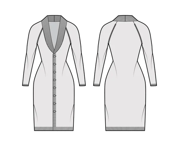 Vestido de cárdigan Cuello de chal Suéter ilustración técnica de moda con mangas largas raglán, cuerpo ajustado, ajuste, cierre — Vector de stock