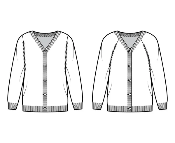 カーディガンのセットVネック、長いラグランスリーブ、ボタン閉鎖特大とセーター技術的なファッションイラスト — ストックベクタ
