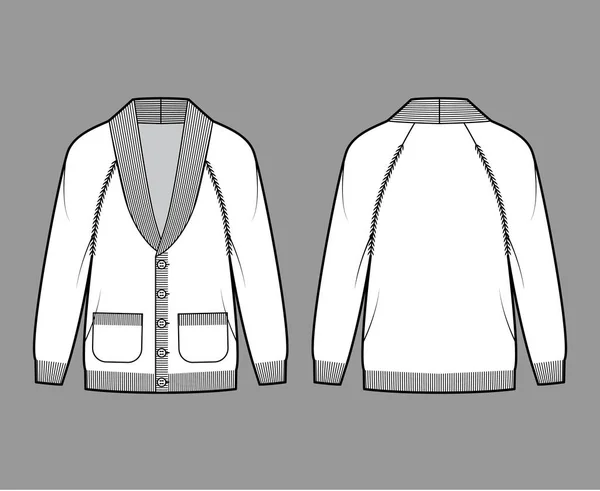 Chal de cárdigan cuello jersey técnica moda ilustración con mangas raglán, longitud de la cadera, ribete, cierre de botón — Vector de stock