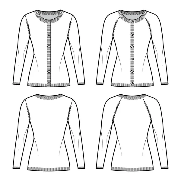 Set van Ronde hals vest technische mode illustratie met lange raglan mouwen, passend lichaam, heuplengte, gebreide manchetten — Stockvector