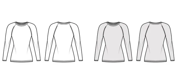 Cuello redondo Jersey técnica moda ilustración con mangas largas raglán, ajuste delgado, longitud de la cadera, ajuste de punto. Jersey plano — Vector de stock