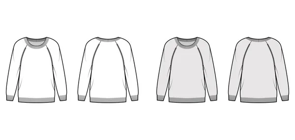 Pullover technische Mode Illustration mit rundem Hals, lange Raglanärmel, Regular fit, Fingerkuppenlänge, Rippstrickbündchen — Stockvektor