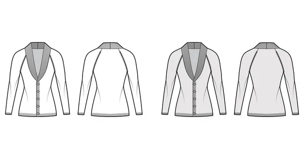 Vest Schals kraag Trui technische mode illustratie met lange raglan mouw, pasvorm lichaam, gebreide rib trim, knoop — Stockvector