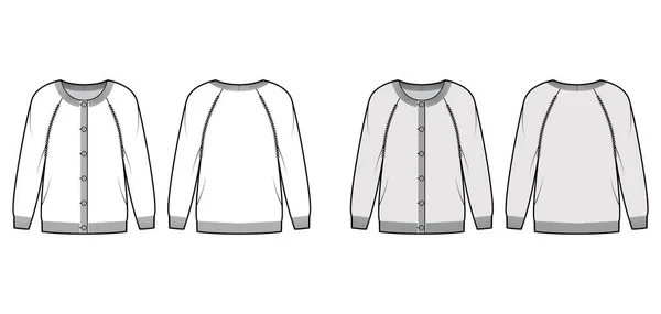 Cardigan de pescoço redondo ilustração de moda técnica com fecho de botão, mangas raglan longas, oversized, comprimento do quadril — Vetor de Stock