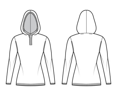 Kapüşonlu süveter teknik tasviri kaburga henley yakalı, uzun kollu, ince formalı, kalça uzunluğunda, kaburga bukleli.