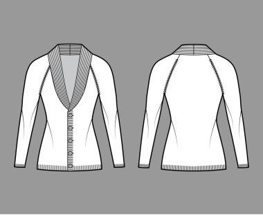 Cardigan Şalı Süveter tasması uzun paçavra kollu, vücuduna uydurulmuş kaburga bukleli, düğme düğmeli