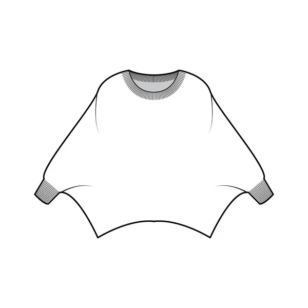 Jersey batwing manga técnica moda ilustración con cuello ovalado costilla, de gran tamaño, longitud de la cadera, ajuste de punto. Prenda plana — Vector de stock