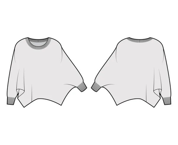 Jersey batwing manga técnica moda ilustración con cuello ovalado costilla, de gran tamaño, longitud de la cadera, ajuste de punto. Prenda plana — Vector de stock