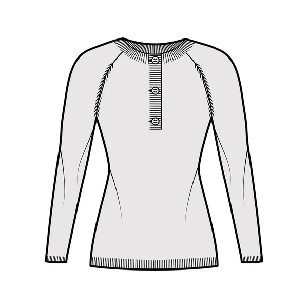 Trui henley hals technische mode illustratie met lange raglan mouwen, slim fit, hippe lengte, rib gebreide trim. Vlak — Stockvector