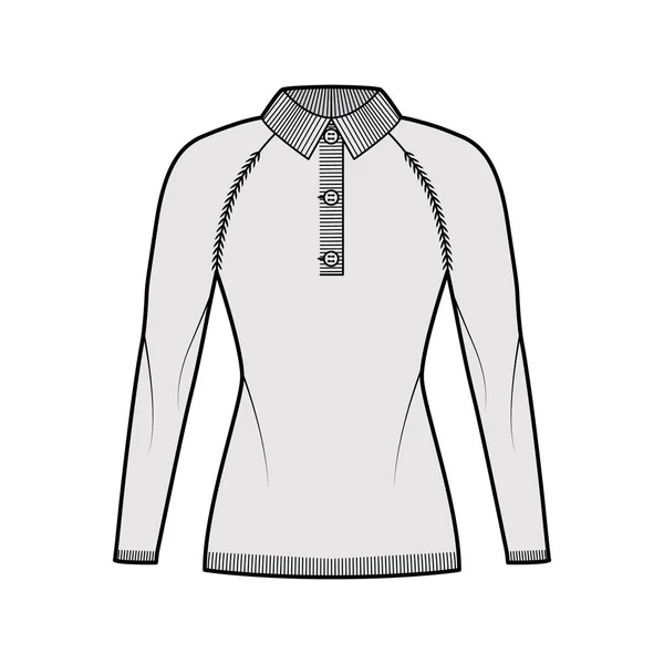 Polo pulóver technikai divat illusztráció bordás henley nyak, klasszikus gallér, raglan ujjú, csípő hossza, kötött szegély — Stock Vector