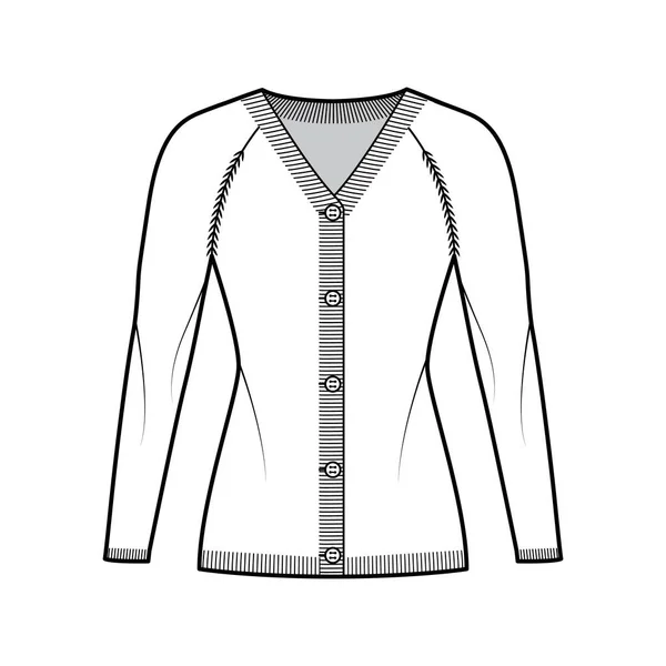 Cardigan tröja teknisk mode illustration med resår V- hals, lång raglan ärm, knapp stängning smal passform, stickad kant — Stock vektor