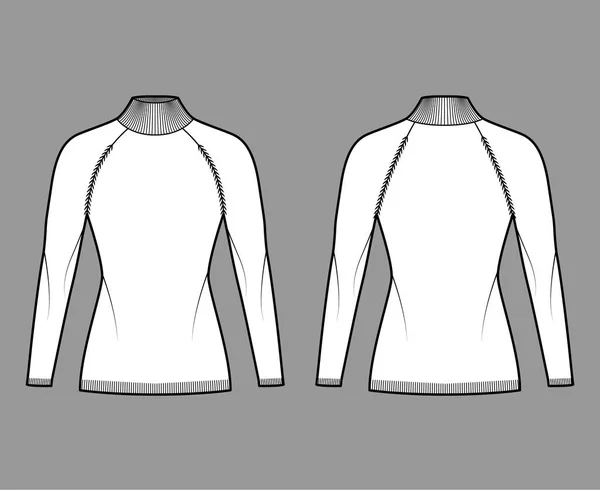 Ilustracja moda techniczna sweter z długimi rękawami raglan, dopasowany korpus, długość biodra, sweter wykończenie dzianiny — Wektor stockowy
