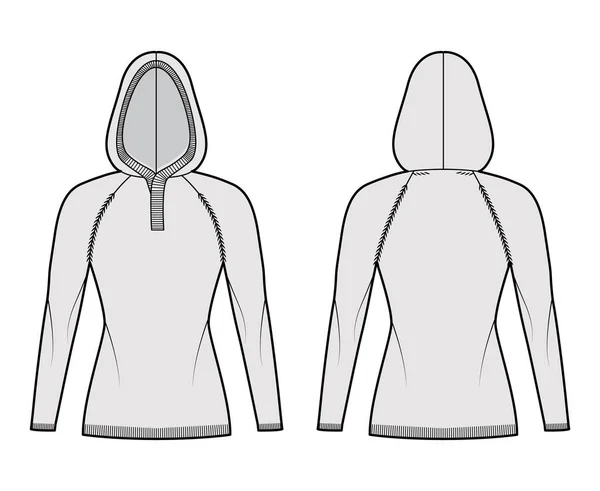 Bluza z kapturem Ilustracja moda techniczna z żebra henley szyi, długie raglan rękawy, szczupły dopasowanie, długość biodra, wykończenie żebra — Wektor stockowy